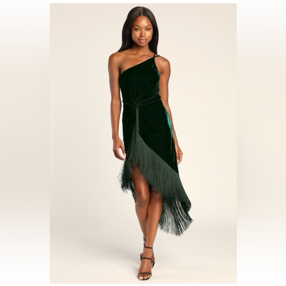 Lulus Fringe For Life Dark Green Velvet One-Shoulder Fringe Midi Dress